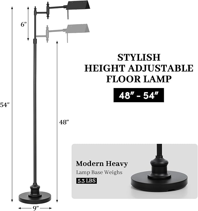 Dimmable Pharmacy Floor Lamp with Remote, 17W LED Reading Floor Lamp with 360°Swing Arm, 3 Color Temperature, Height Adjustable Black Standing Task Lamp for Living Room, Bedroom, Black