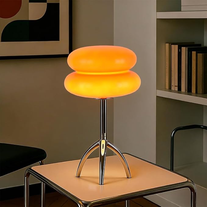 Orange Mushroom Table Lamp Chrome Tripod Base Bedside Lamp Mid Century Modern Lamp Bauhaus MCM Glass Nightstand Lamp for Bedroom Bathroom Livingroom