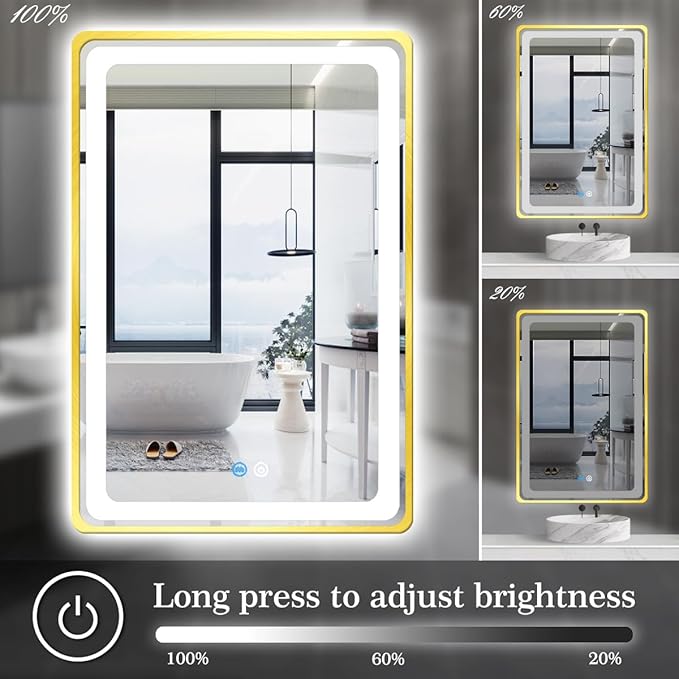 24 x 40 Inch Gold Vanity Mirror with Lights Smart Memory 3 Color Dimmable AntiFog 40 Gold Frame Lighted mirror for Bathroom Salon Horizontal/Vertical Wall Mounted LED Makeup Mirror with Light