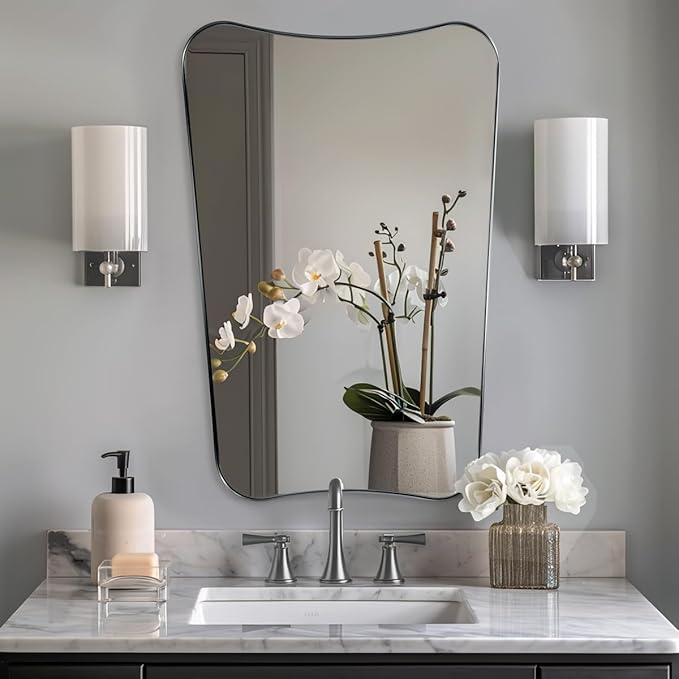 ANDY STAR Brushed Nickel Mirror, 24x36 Inch Scalloped Mirror, Unique Bathroom Mirror with Rust-Proof Stainless Steel Metal Frame, Ideal for Entryway, Powder Room