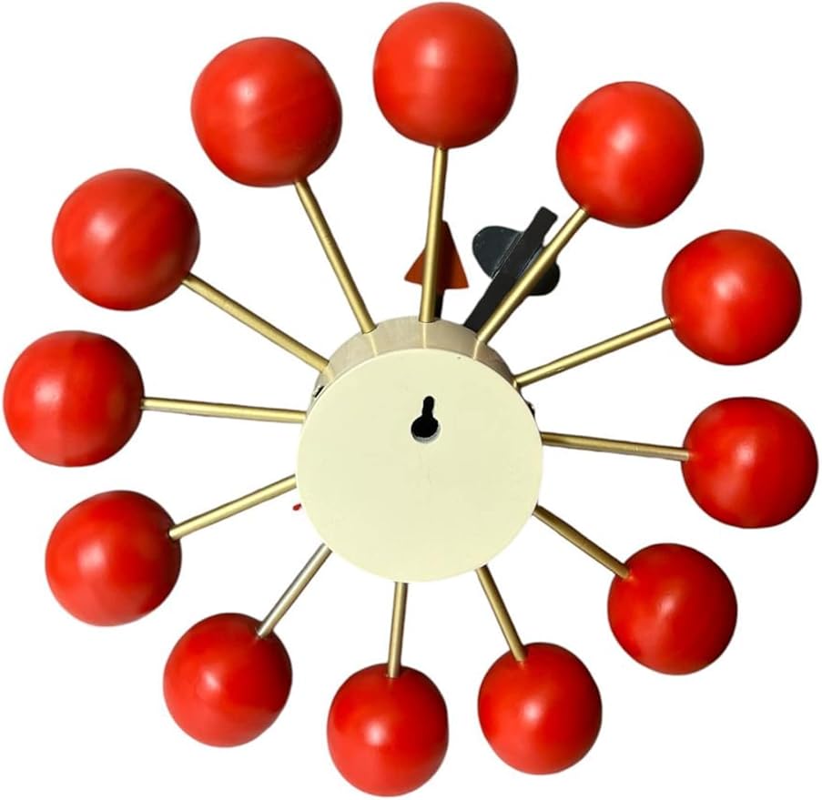 Mid Century Modern Ball Clock – George Nelson Style Wooden Wall Clock, Retro Starburst Design, Silent Non-Ticking Decorative Wall Decor for Living Room, Office, Kitchen & Home (Red, 12 Inch)