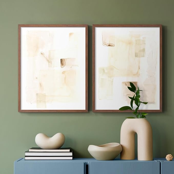 Renditions Gallery Set of 2 Peel & Stick Framed Prints, Abstract Wall Art, Mixed Handmade Oil Painting Wall Decor, Re-Stickable - Ready to Hang - 11"x14" - Walnut Frame LT588