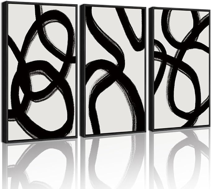 Drsoum Lager 16x24in Black and Gray Abstract Framed Wall Art Decor Duotone Minimal Dark Brush Stroke Prints Shapes Illustrations Modern Art Decorative Ready To Hang - Black Framed