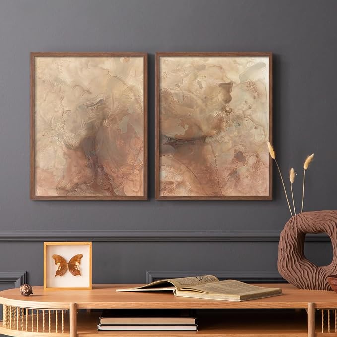 Renditions Gallery Set of 2 Peel & Stick Framed Prints, Abstract Wall Art, Brown Textured Marble Design Re-Stickable - Ready to Hang - 11"x14" - Walnut Frame LT588