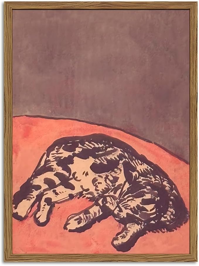 Mid Century Cute Cat Wall Art Abstract Sleeping Cat Wall Decor Painting, Vintage Calicos Animal Poster Canvas Print Picture for Living Room Bedroom 12x16 inch Wood Framed