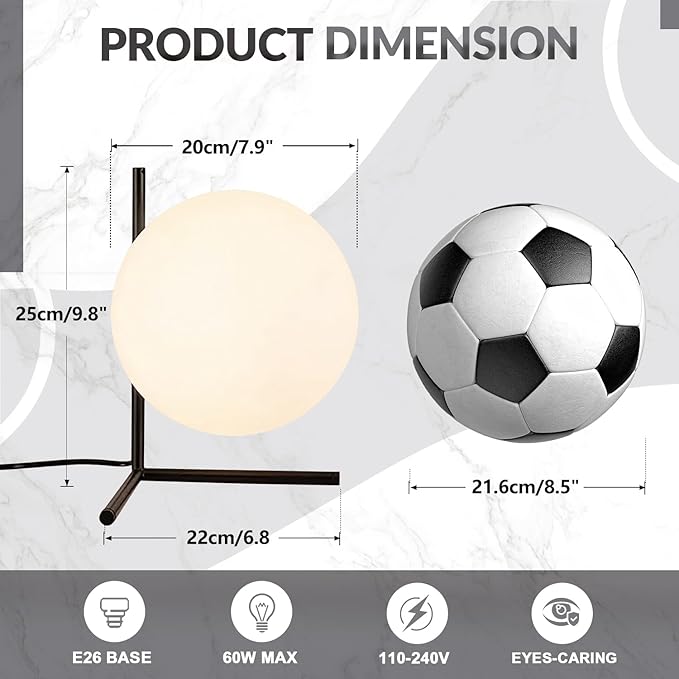 BOKT Modern Mid Century Matte Black Globe Table Lamp Post Modern Mini White Glass Desk Lamp Industrial Farmhouse Nightstand Bedside Lamp Lighting Fixture