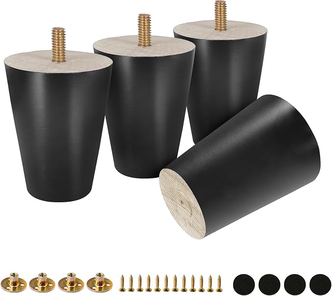 FoDau770 Black Rubber Wood Furniture Legs 3 Inches, Straight Tapered Wood Feet Mid Century Sofa Legs Set of 4, 5/16" UNC Furniture Feet for Cabinet Couch Dresser Chair Ottoman Table