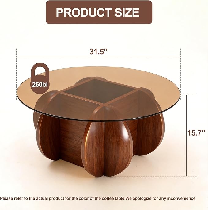 Modern Round Coffee Table with Solid Wood Legs,31.5'' Glass Coffee Tables for Living Room Rustic Circle Center Cocktail Table with Tempered Glass-Top,for Small Spaces, Unique | Modern