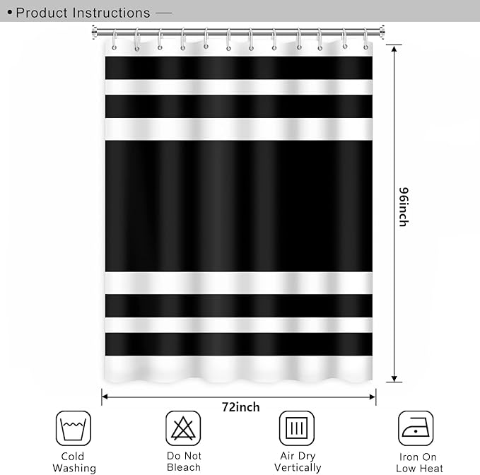 Abstract Stripes Bathroom Shower Curtain Black and White Geometric Pattern Waterproof Fabric Shower Curtains with Hooks Modern Minimalist Artistic Aesthetic Home Decorative, 72x96 Inch