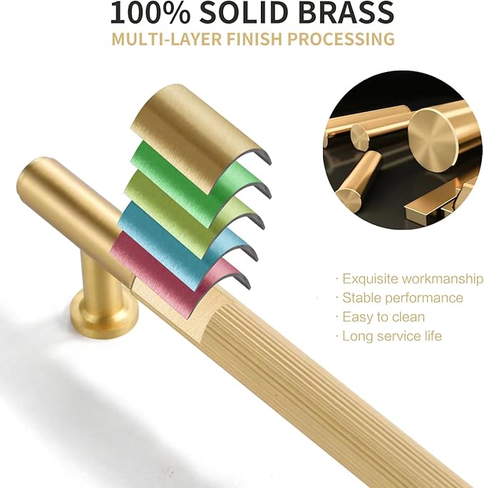 SALISENG-5 Pack Brushed Gold Cabinet Handles, Solid Brass Kitchen Drawer Pulls, 5 Inches Furniture Door Handles for Cupboard Bedroom Wardrobe(Arina)