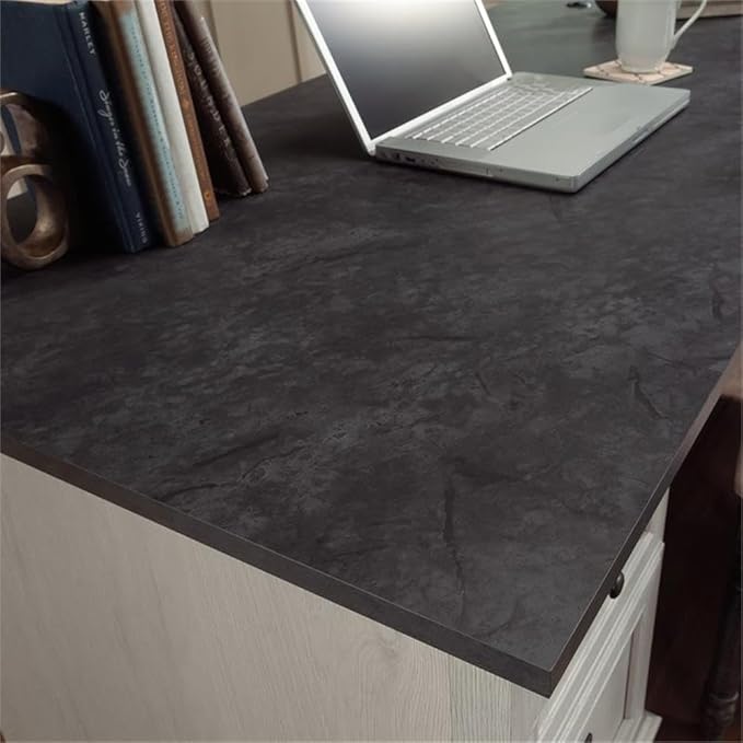 Bowery Hill L-Shaped Engineered Wood Desk, Glacier Oak/Rosso Slate Finish, 68.74"W x 65.11"D x 29.60"H, Multiple Drawers, File Storage, Adjustable Shelf, Grommet Holes, Home Office Computer Workspace