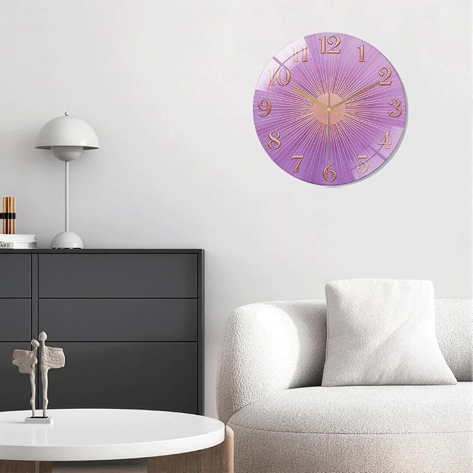 16 Inch Purple Sunburst Glass Wall Clock Silent Art Decor | Silent glossy clock with a purple sunburst and rose gold numbers, perfectly tracking time for your bedroom or living room