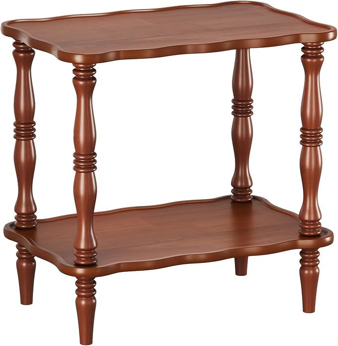 Solid Wood End Table Living Room - 23.6" H Small Narrow Rectangle Wooden End Table for Small Spaces, Dark Real Brown Solid Wood Vintage Antique Side Bedside Table Nightstand with 2-Tier Storage