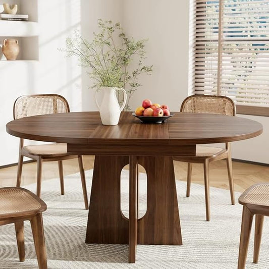 59-Inch Extendable Round Dining Table for Dining Room, 4-6 People Farmhouse Oval Wood Expandable Kitchen Dinner Table with Heavy Cross Pedestal for Living Room, Apartment, Dark Brown Walnut