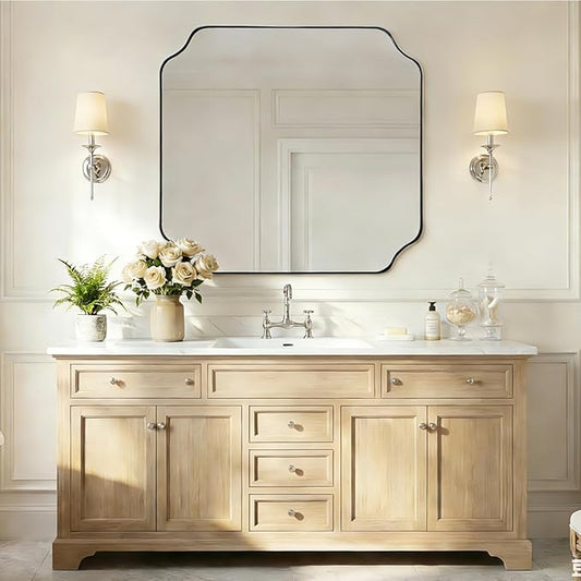 ANDY STAR 36x40 Inch Brushed Nickel Mirror, Large Bathroom Mirrors, Modern Silver Vanity Mirror in Anti-Rust Stainless Steel Frame, Unique Rounded Notched Corner Design, Ideal for Bathroom Remodel