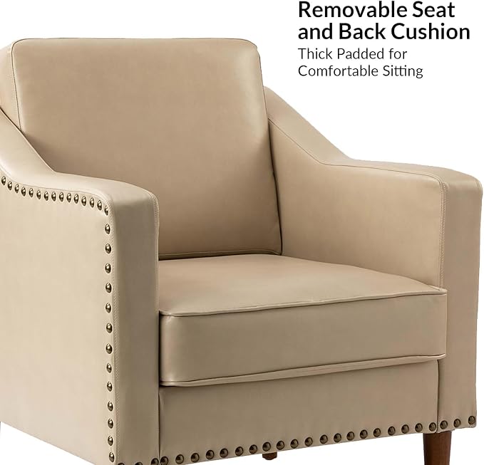 HULALA HOME Faux Leather Accent Armchair with Back & Seat Cushions, Traditional Club Chair with Nailhead Trim, Comfy Upholstered Sofa Chair for Living Room Bedroom, Beige