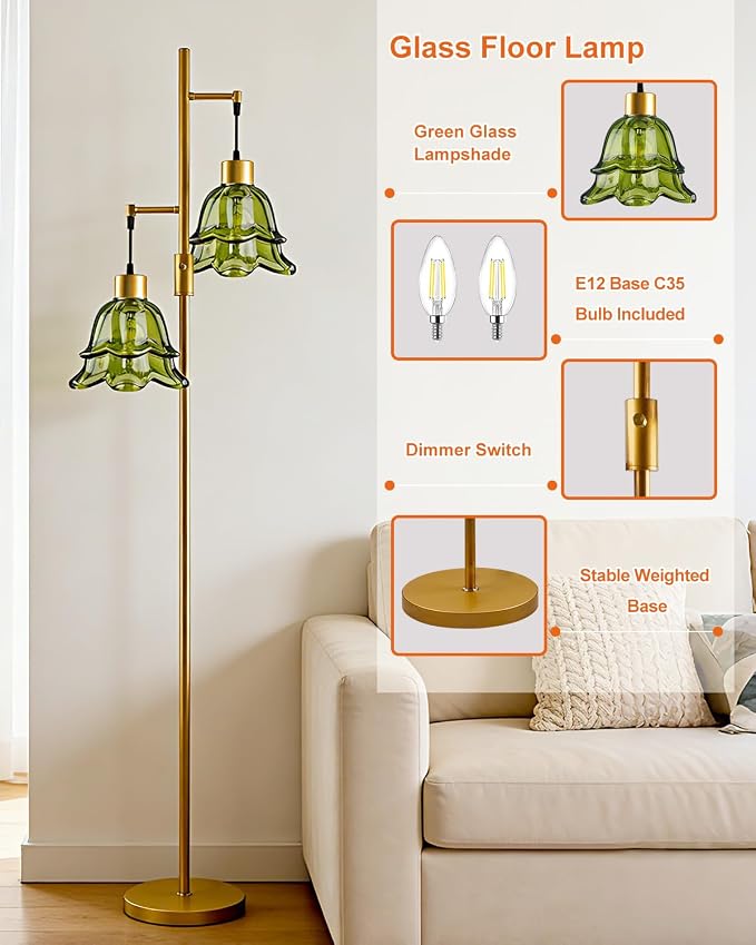 2-Light Modern Glass Floor Lamp, Gold Tall Standing Lamp with Green Tulip Glass Shade for Reading, Dimmable LED Floor Lamp with Rotary Switch for Living Room Bedroom Home Decor, Bulb Included
