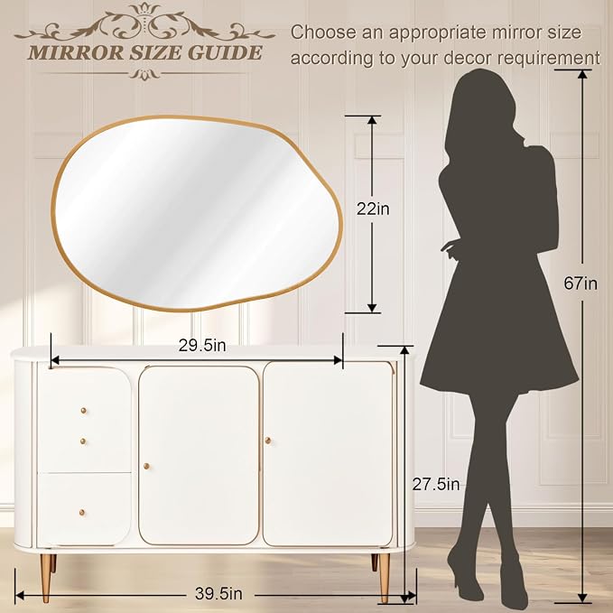 Gold Irregular Wall Mirror Aluminum Alloy Frame Asymmetrical Bathroom Mirrors Brushed Metal Vanity Wall Mounted Mirror for LivingRoom Bedroom Entryway Room Home Decor Large 22"x30"
