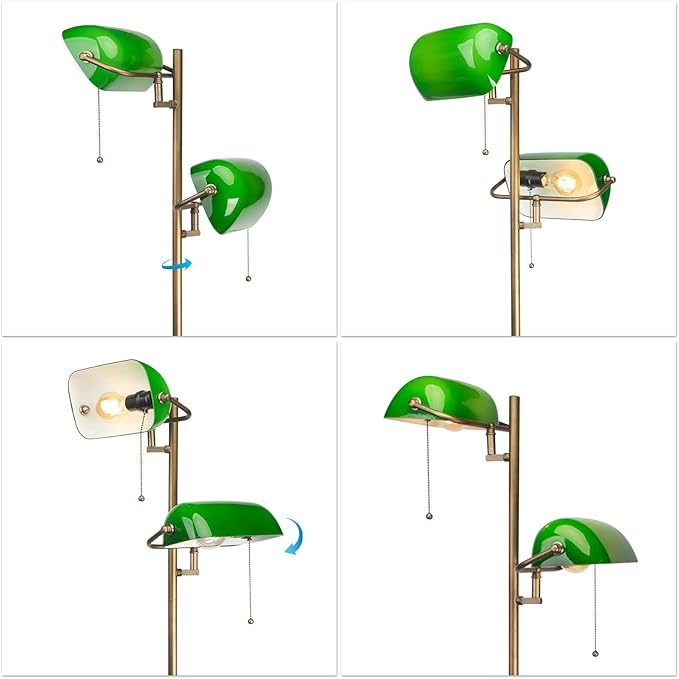 FIRVRE Green Glass Bankers Floor Lamp Classic Vintage Standing Lamp with Pull Chain Switch Adjustable Arm Reading Floor Light for Bedroom Headboard Workplace Office Piano Style Lamp