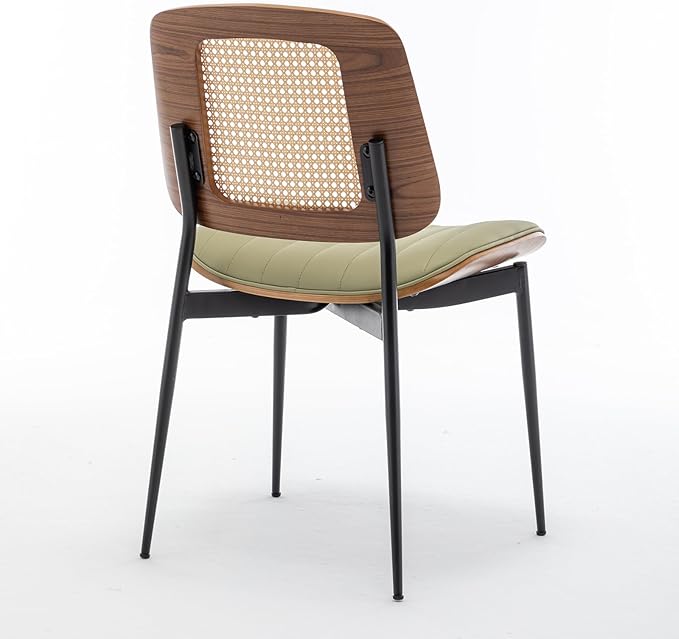 LUNLING Dining Chairs Set of 2 Mid Century Modern Retro Faux Leather Kitchen Chairs with Walnut Bentwood Upholstered Seat Metal Legs Adjustable Foot for Kitchen Dining Room Chairs(LightGreen)