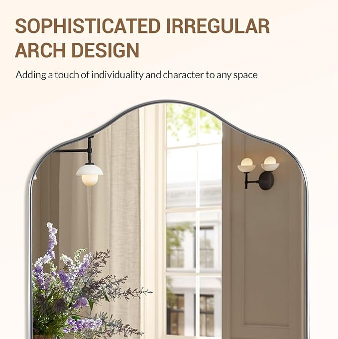 ANDY STAR Scalloped Arched Mirror, 24x38 Brushed Nickel Irregular Bathroom Mirror for Vanity, Asymmetrical Curved Top with Rustproof Stainless Steel Frame, for Entryway, Bedroom, Mantel, Fireplace