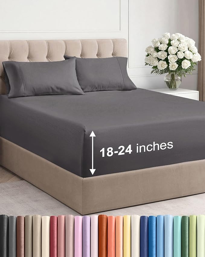 Extra Deep Twin Sheet Set - 4 Piece Breathable and Cooling Sheets - Hotel Luxury Bedding for Women, Men, Kids & Teens - Easy & Secure Fit - Soft, Wrinkle Free and Comfy w/Extra Deep Pockets - Grey