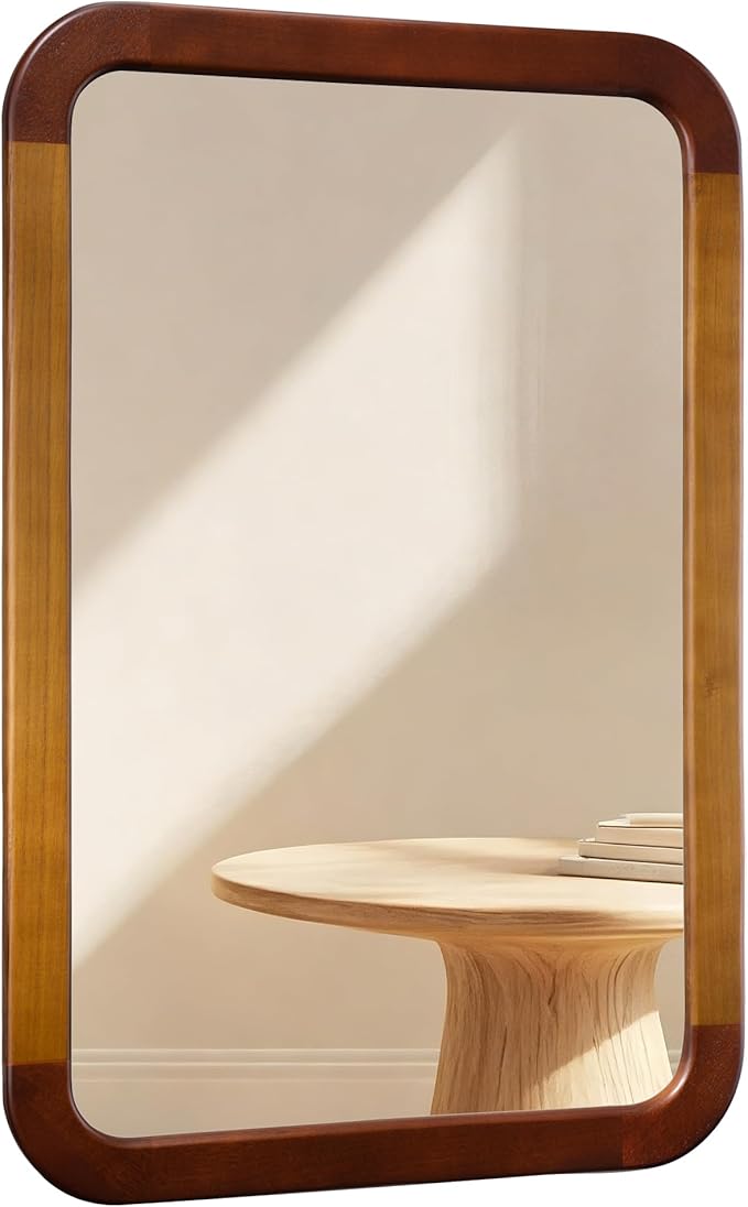 Bathroom Mirror 24 x 36 Inch,Brown Wood Rustic Rectangle Tempered Wall Mirror with Wood Frame,Round Corner Farmhouse Wooden Vanity Mirror for Living Room,Entryway or Bedroom（Walnut Brown）