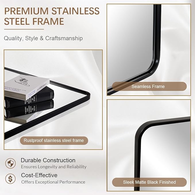 ANDY STAR 24x40 Inch Bathroom Vanity Mirror, Black Rounded Rectangle Bathroom Mirror in1 Inch Tube Metal Frame Wall-Mounted Horizontal/Vertical