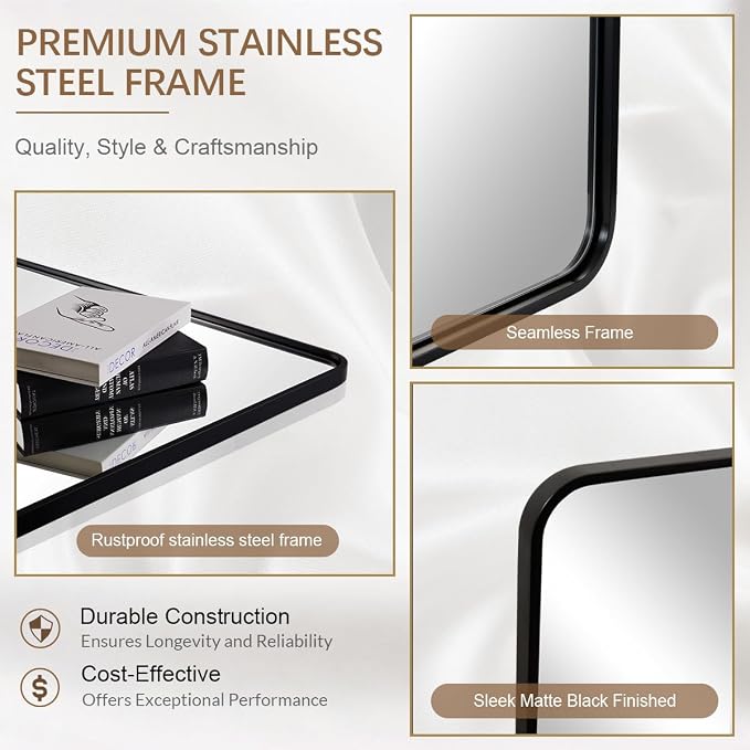 ANDY STAR Black Bathroom Mirror for Wall, 30 x 40 Inch Mirrors for Vanity, Rounded Rectangle Mirror, Black Metal Framed Mirror Wall Mounted Horizontal Or Vertical