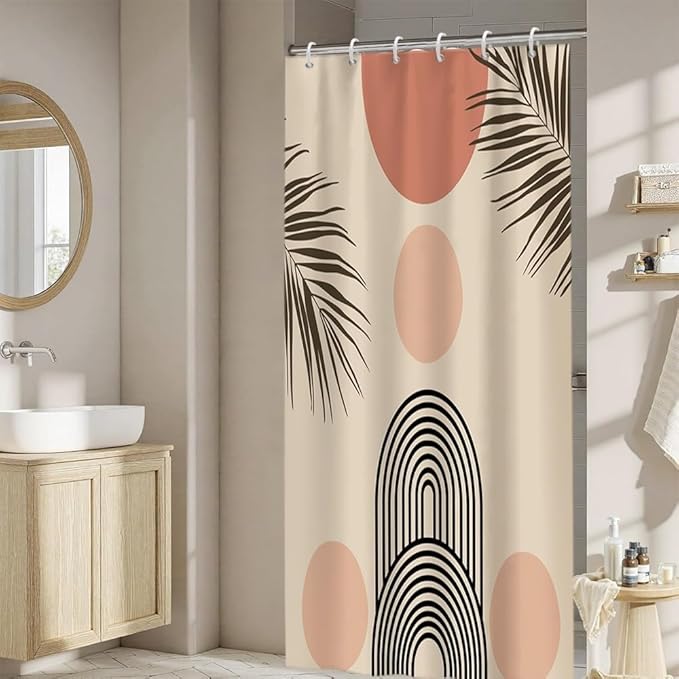 Pink Boho Shower Curtain for Bathroom Modern Abstract Minimalist Bathroom Decor Mid Century Arch Sun Leaf Aesthetic Bathtub Curtains Machine Washable Waterproof Polyester Fabric with Hooks 48x72 Inch