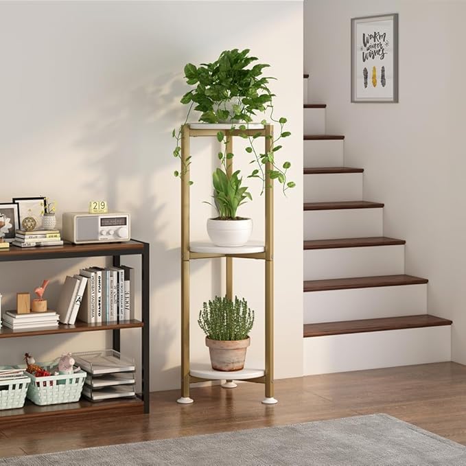 Plant Stand Indoor Outdoor 2 Tier Tall Metal Corner Storage Tiered Plant Shelf Holder Multiple for Living Room Balcony Garden,Black (3 Tier-Gold Round)
