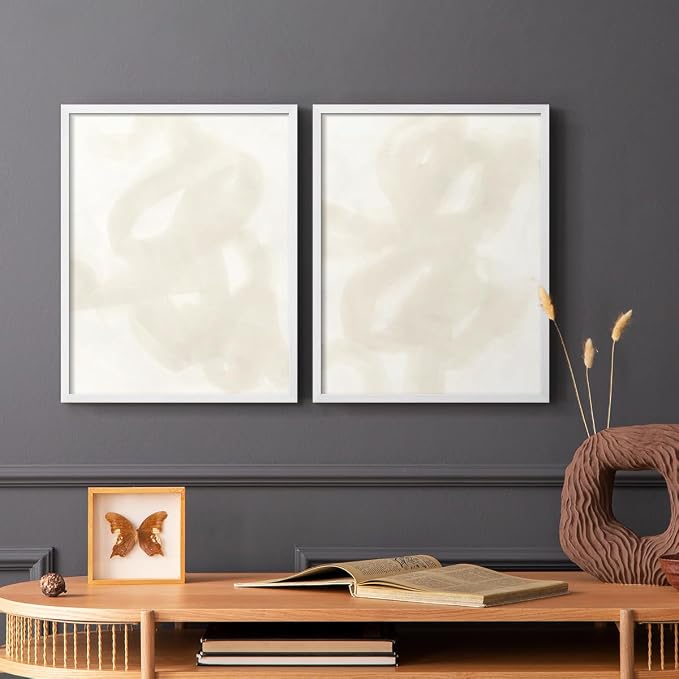 Renditions Gallery Set of 2 Peel & Stick Framed Prints, Abstract Wall Art, Beige and White Aesthetic Wall Decor, Re-Stickable - Ready to Hang - 8"x10" - White Frame LT588