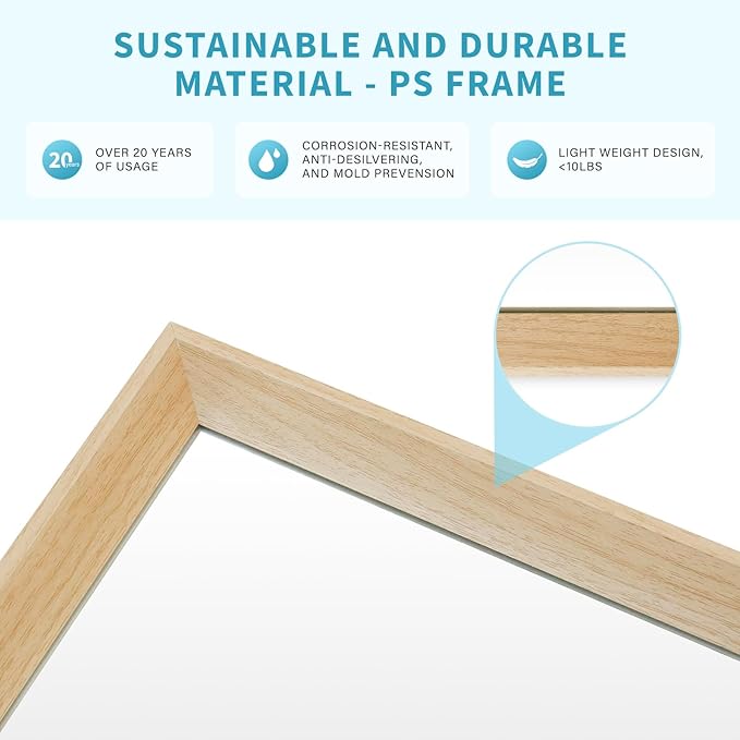 Oak Wood Effect Framed Wall Mirror, 36x40 Rectangle Mirror, Anti-desilvering Tempered Glass, Sustainable& Sturdy Frame, Anti-Rust, HD Reflection &3min Fast Setup for Bathroom Living Room