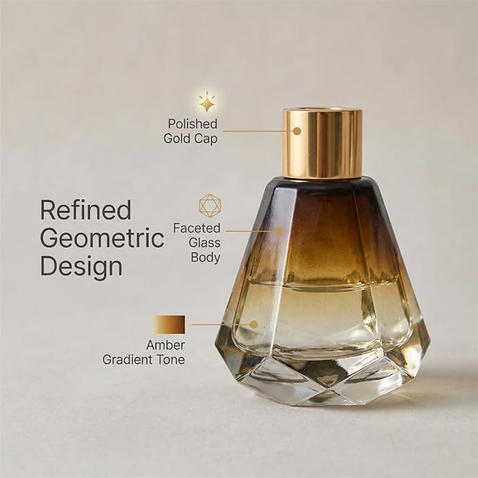 2 Pack 2oz Amber Glass Reed Diffuser Bottles, Diamond Shape with Gold Cap | Faceted glass body, amber gradient tone, polished gold cap, rounded bottle mouth, thickened glass, refillable structure.