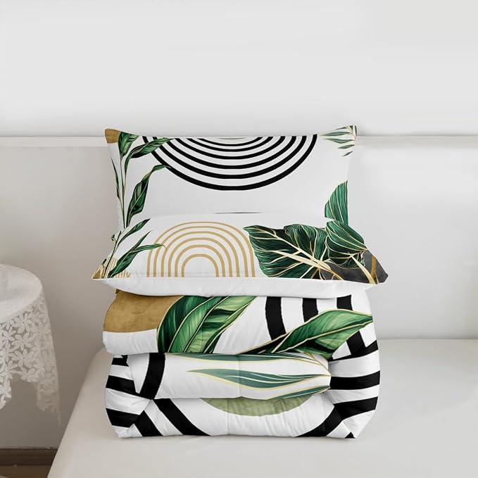 Erosebridal Boho Mid Century Bedding Set King Vintage Minimalist Art Comforter Set for Women Men Adults Abstract Tropical Aesthetic Down Comforter Retro Botanical Leaves Sun Bed Set Bedroom Decor