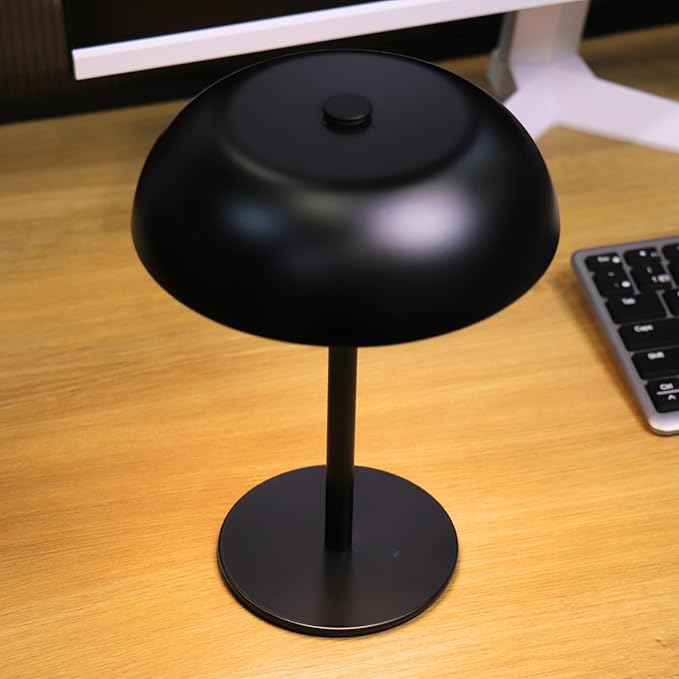 Portable LED Mushroom Table Lamp, Cordless Desk Night Light with 5200mAh Rechargeable Battery, Stepless Dimming Small Lamp with 3 Color and Brightness Control for Bedroom/Patio/Bar/Coffee shop (Black)