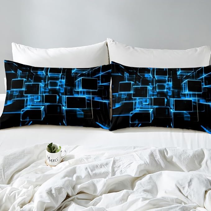 Erosebridal Blue and Black Kids Bedding Set, Modern Geometric Square Duvet Cover for Boys Girls Gradient Neon Light Honeycomb Bed Cover Abstract Bed Set Twin 2 Pieces