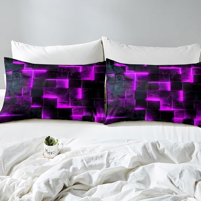 Erosebridal 3D Geometric Bedding Sets King Abstract Aesthetic Comforter Cover, Black and Purple Bed Set Glowing Futuristic Cubes King Duvet Cover, Neon Grid Quilt Cover 3-Piece (Black Reversible)