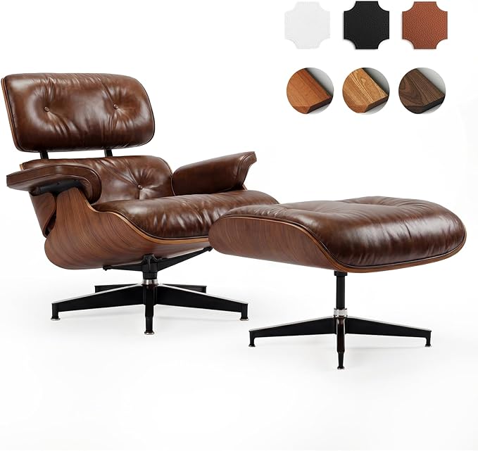 Top Grain Leather, Mid Century Chaise Lounge Chair and Ottoman, Reading Chair, Leather Accent Chair, Modern Chair, Classic Design, for Living Room Lounge Office,Retro Aged Leather, Walnut,Heightening