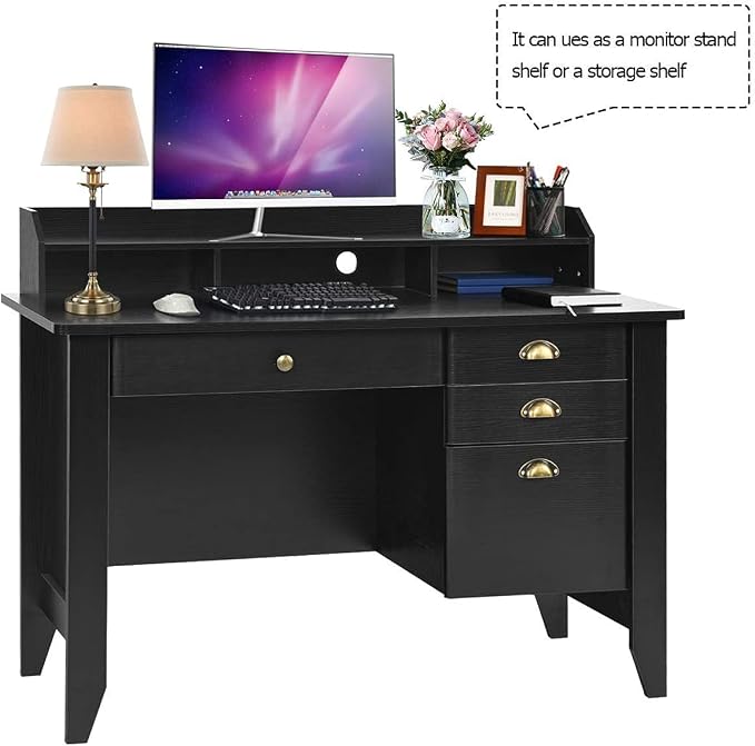 4EVERWINNER Computer Desk with 4 Drawers and Extra Storage Hutch, Wooden Grain Vintage Executive Desk Modern Style Work Office Desk for Bedrooms Laptop Study Writing Table for Small Spaces, Black