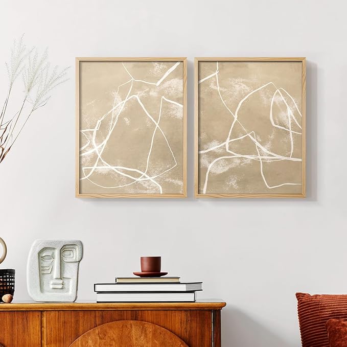 Renditions Gallery Set of 2 Peel & Stick Framed Prints, Neutral Abstract Wall Art, Beige Line Art Pattern Wall Decor, Re-Stickable - Ready to Hang - 22"x28" - NATURAL WOOD Frame LT588