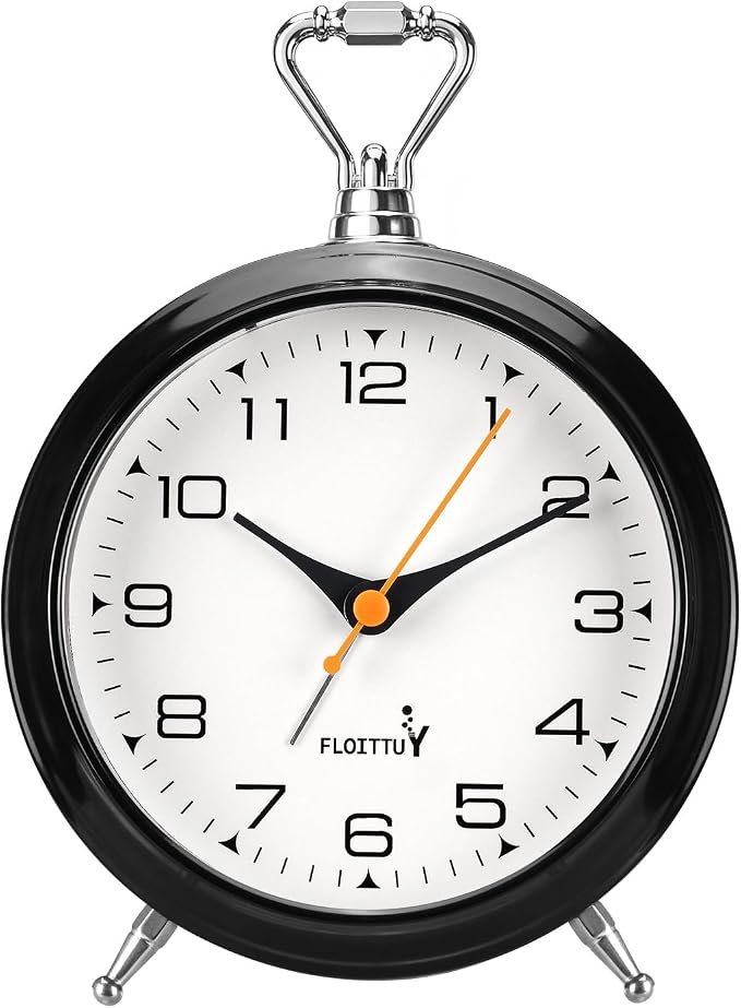 FLOITTUY 4.5" Battery Operated Antique Retro Analog Metal Alarm Clock, Silent Bedside Desk Clock, Wall-Hanging Vintage Clock(Black)