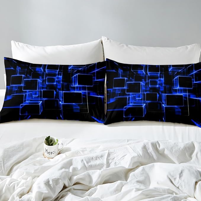 Erosebridal Honeycomb Blue and Black Kids Duvet Cover, Modern Geometric Square Bedding Sets for Boys Girls Gradient Neon Light Abstract Bed Set Full 3 Pieces, Zipper Closure