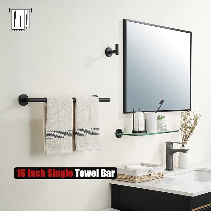 JQK Towel Bar Matte Black, 19 Inch 304 Stainless Steel Thicken 0.8mm Towel Rack Bathroom, Towel Holder Wall Mount, Useable Length 16 Inch TB110L16-PB