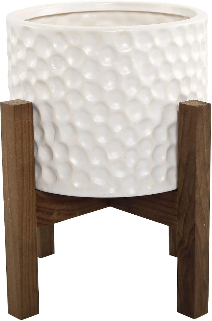 Flora Bunda 7.75" Tall 5.5 Inch Opening Beehive Ceramic Planter Pot on Wood Stand Mid Century, Ivory Cream Color Perfect for houseplants, Succulents, Cactus for Home Office Decorations