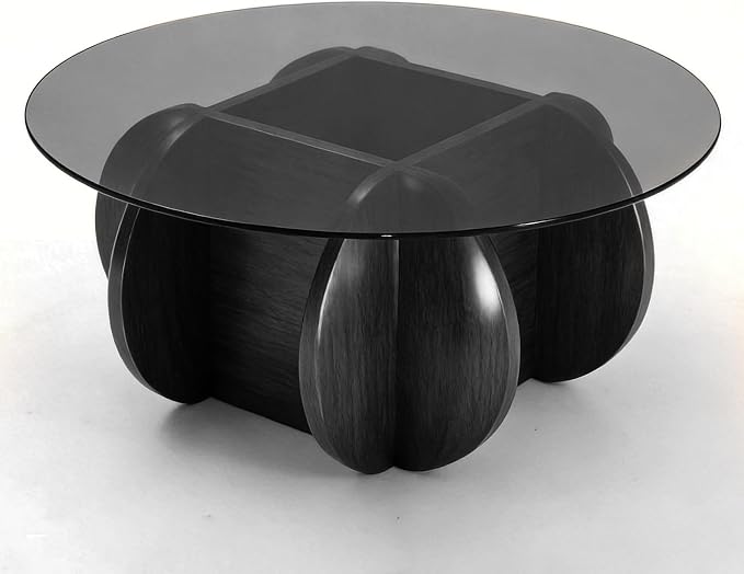 Black Coffee Table, 31.5" Round Glass Coffee Table for Living Room Mid Century Modern Coffee Table Unique Circle Center Table with Wood Base