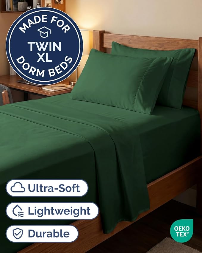 Extra Deep Twin XL Sheet Set - 4 Piece College Dorm Bed Sheets Set with Extra Deep Pockets - Ultra-Soft, Comfy & Breathable Bedding for Women, Men, Kids & Teens - Wrinkle & Fade Free - Emerald Green