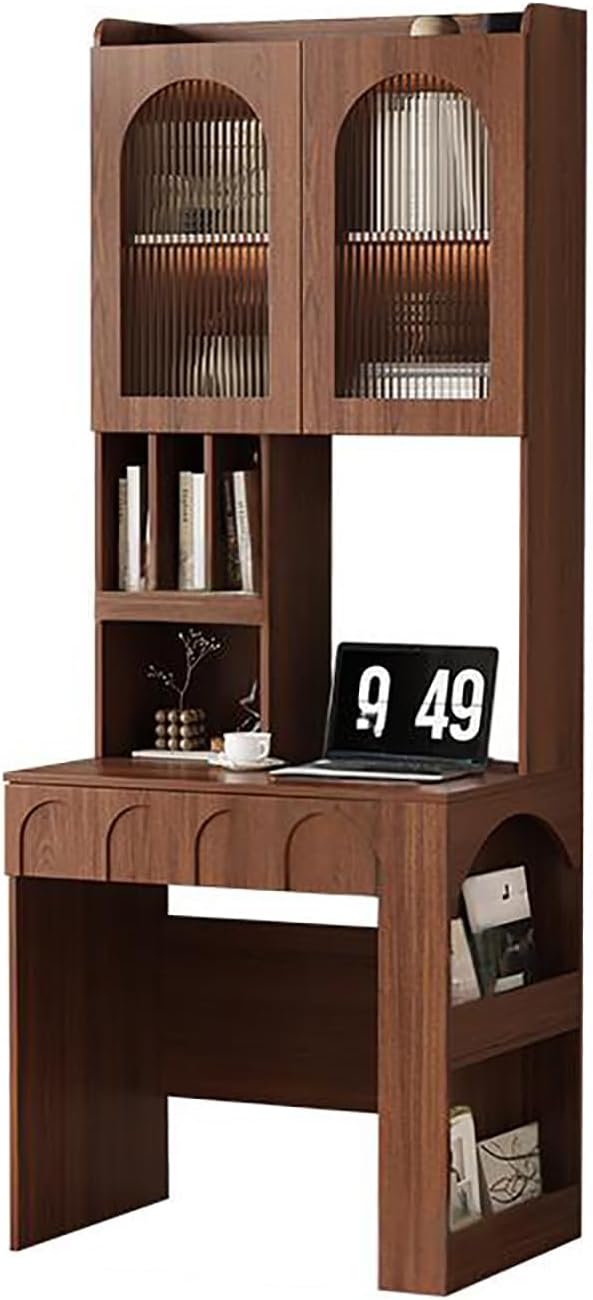 79" Mid-Century Desk, Multifunctional Computer Desk with Drawer and Glass Storage Cabinets, Reading Table, Office Desk, Bedroom Vanity Desk(80CM, A)