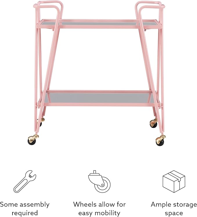 Gina Pink Mid-Century Bar Cart with Mirrored Shelves and Locking Wheels by Linon