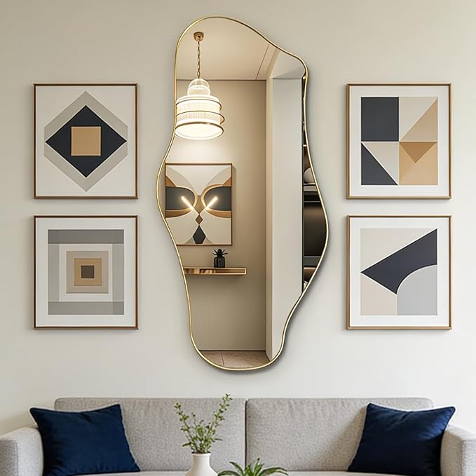 Irregular Wall Mirror, 47"x25" Large Asymmetrical Mirrors with Gold Metal Frame, Cloud Shaped Mirror, Modern Abstract Mirrors for Living Room Bathroom Bedroom Hallway Entryway Fireplace